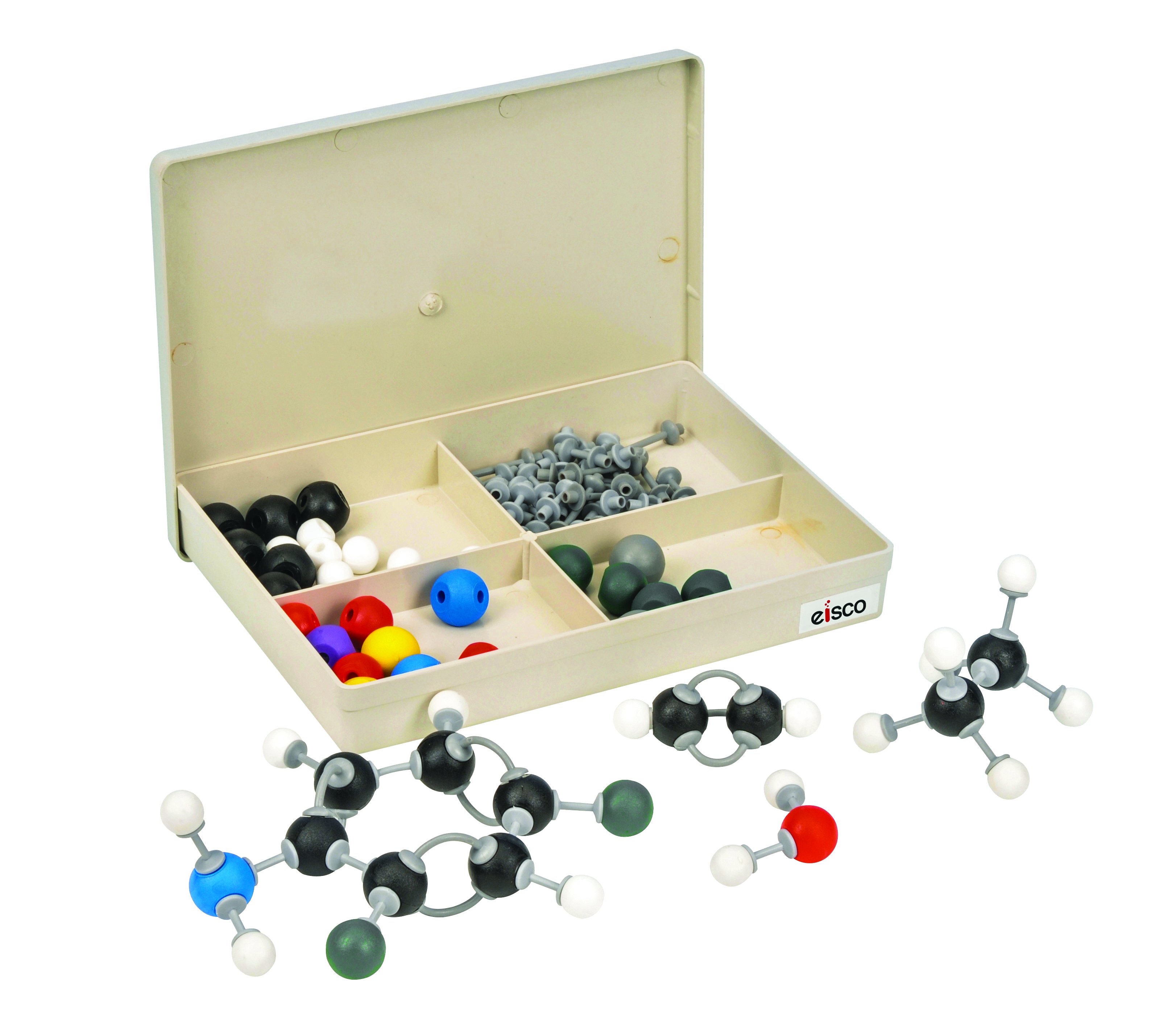 Molecular model set, atomic models (skeletal) containing 24 large spheres, 84 small spheres with flexible bonds.